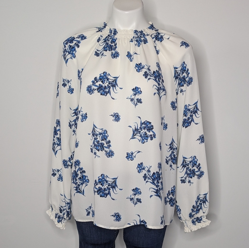 LOFT Ivory and Navy Floral Blouse - FITS LIKE LARGE